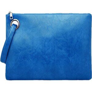 Women's Light Blue Pu Leather Zipper Trendy Designer Wristlet Elegant Clutch